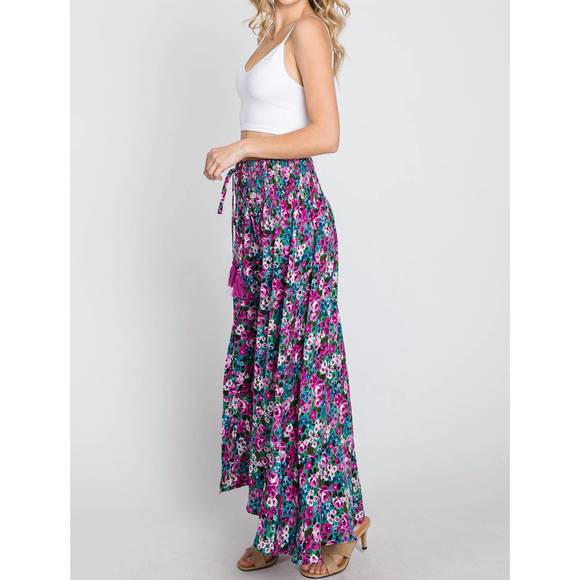 NEW EE:SOME floral maxi skirt with smocked waist & button front in fuchsia - Picture 2 of 8